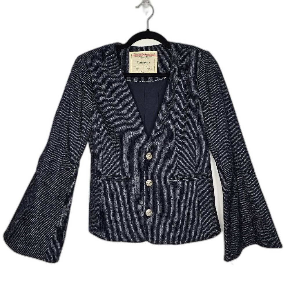 Anthropologie Cartonnier Navy Pinstripe Bell Sleeve Wool Blazer Jacket Size 2